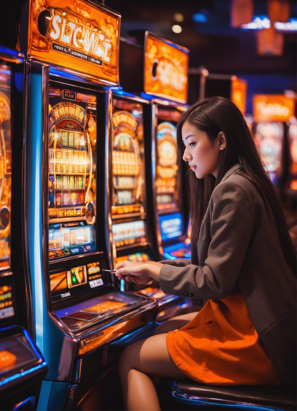 Girl game attendante playing slotmachine with oran