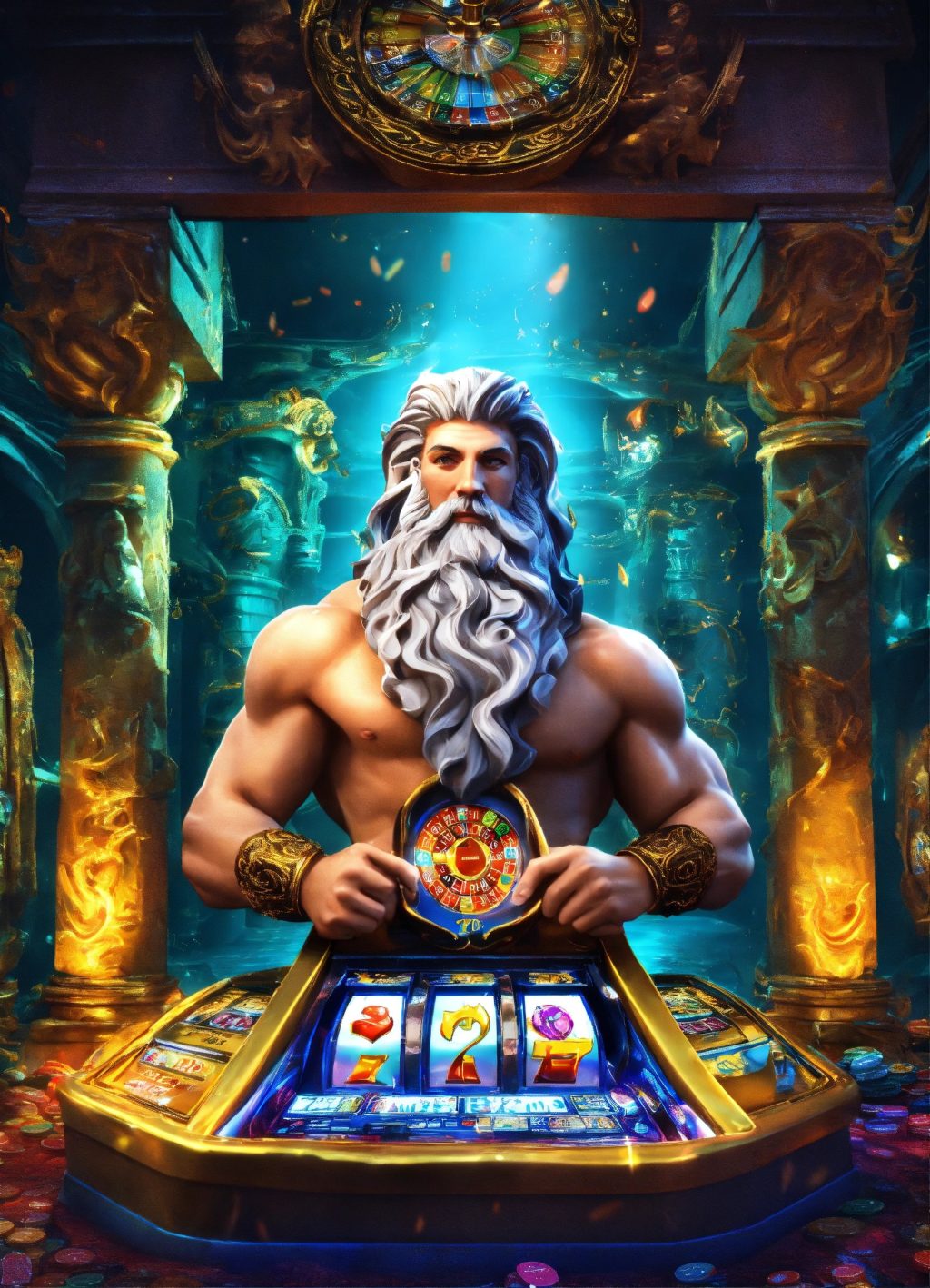 3D Poseidon with casino slot machine in the underw (2)